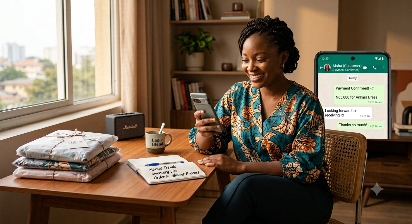 Nigerian online vendor reviewing WhatsApp DM conversations on her phone