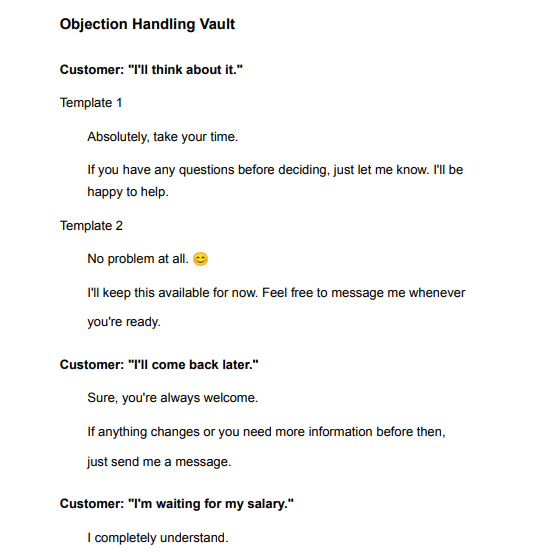 Real screenshot from inside the guide - conversation framework and templates