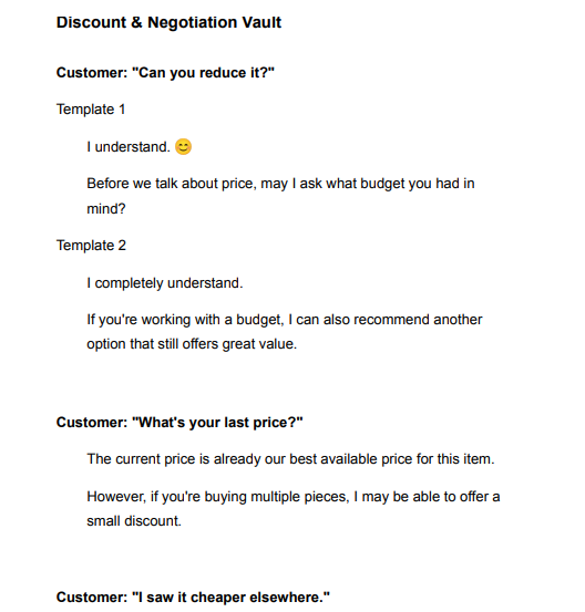 Real screenshot from inside the guide - objection handling scripts section